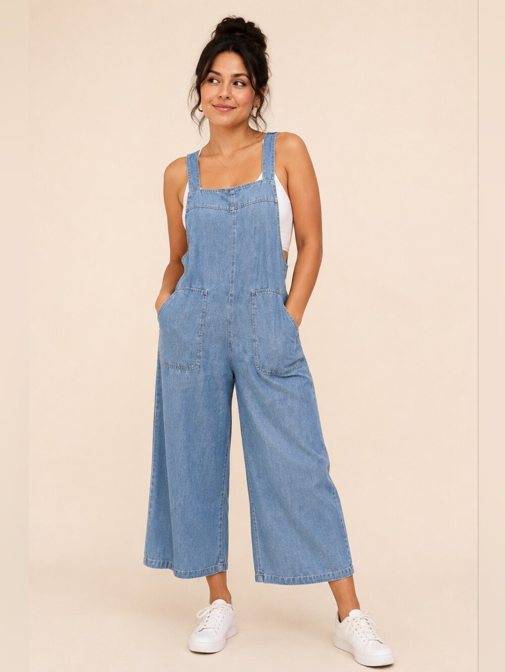 Light Blue Denim Wide-Leg Overalls for Women